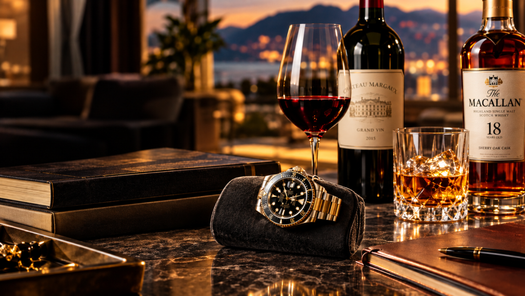 Luxury watch, wine and spirits displayed in an elegant setting