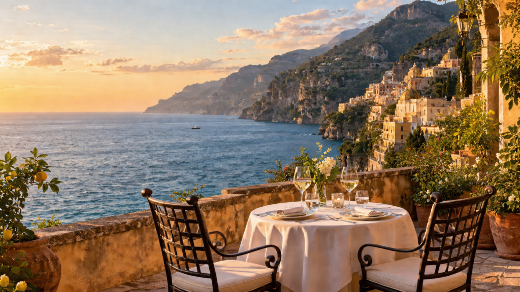 An elegant terrace overlooking the Amalfi Coast at golden hour